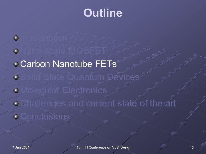 Outline Introduction Nano scale MOSFET Carbon Nanotube FETs Solid State Quantum Devices Molecular Electronics