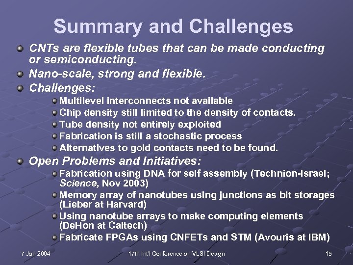 Summary and Challenges CNTs are flexible tubes that can be made conducting or semiconducting.