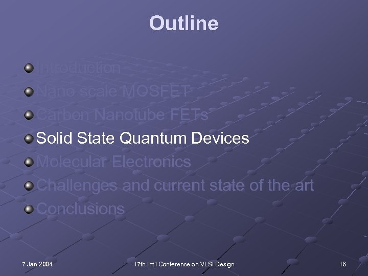 Outline Introduction Nano scale MOSFET Carbon Nanotube FETs Solid State Quantum Devices Molecular Electronics