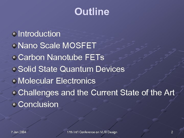 Outline Introduction Nano Scale MOSFET Carbon Nanotube FETs Solid State Quantum Devices Molecular Electronics