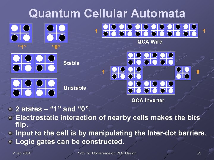 Quantum Cellular Automata 1 “ 1” 1 QCA Wire “ 0” Stable 1 0