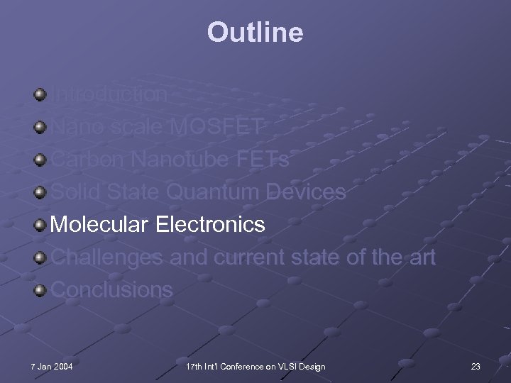 Outline Introduction Nano scale MOSFET Carbon Nanotube FETs Solid State Quantum Devices Molecular Electronics