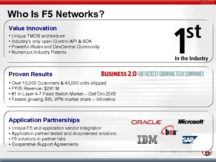 2 Who Is F 5 Networks? Value Innovation • Unique TMOS architecture • Industry’s