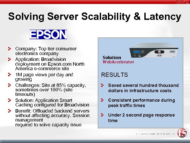 20 Solving Server Scalability & Latency Company: Top tier consumer electronics company Application: Broadvision