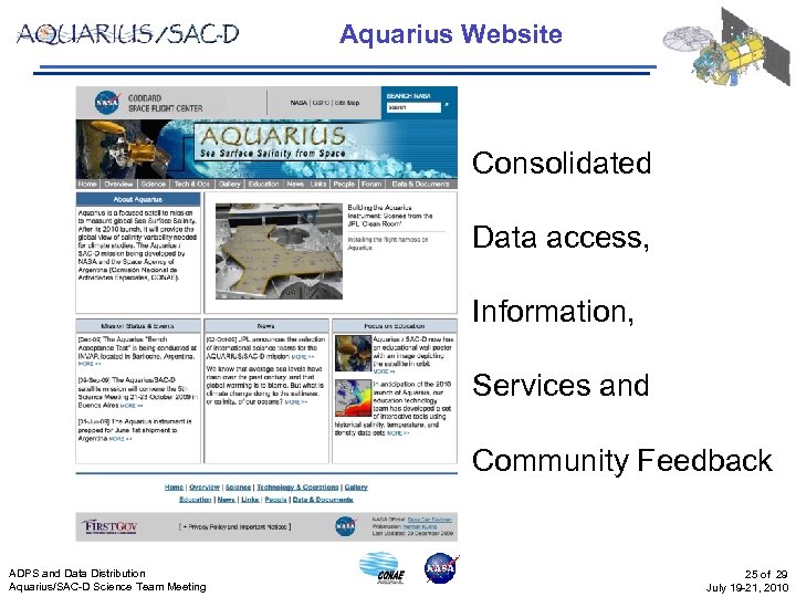 Aquarius Website Consolidated Data access, Information, Services and Community Feedback ADPS and Data Distribution