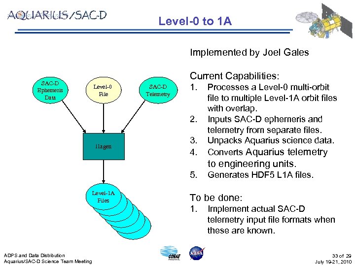 Level-0 to 1 A Implemented by Joel Gales SAC-D Ephemeris Data Current Capabilities: Level-0