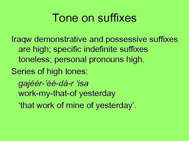 Tone on suffixes Iraqw demonstrative and possessive suffixes are high; specific indefinite suffixes toneless;