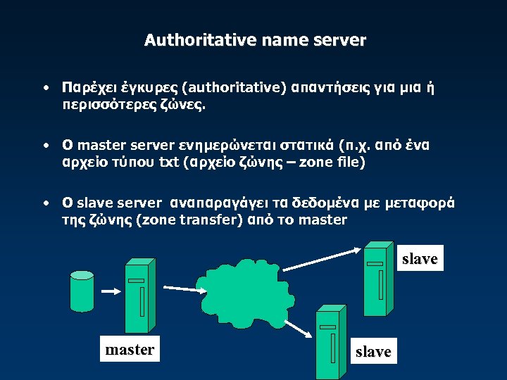 Authoritative name server • Παρέχει έγκυρες (authoritative) απαντήσεις για μια ή περισσότερες ζώνες. •