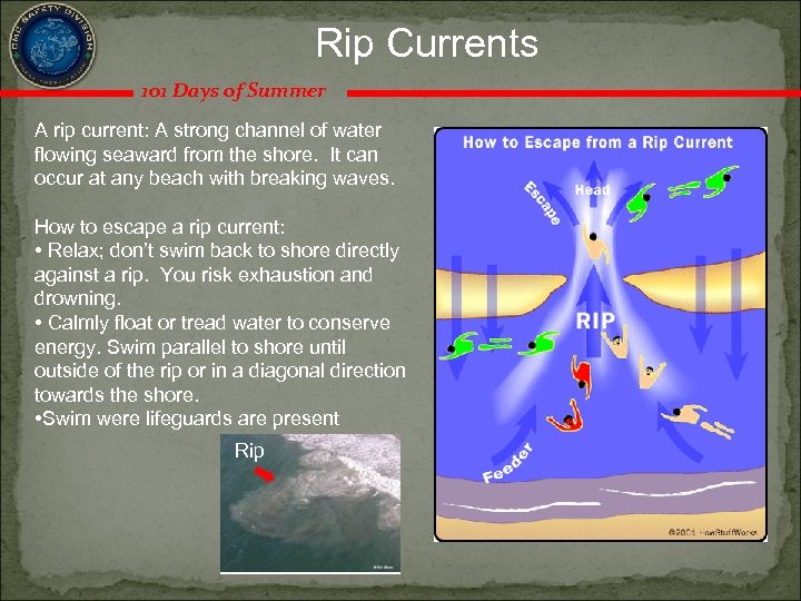 Rip Currents 101 Days of Summer A rip current: A strong channel of water