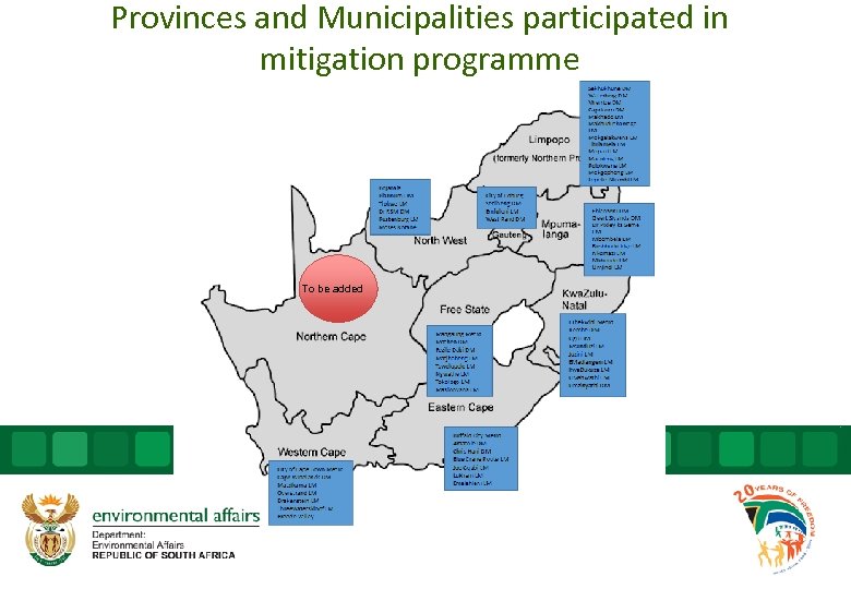Provinces and Municipalities participated in mitigation programme To be added 