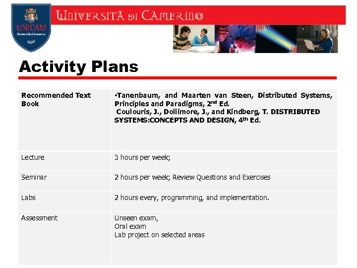 Activity Plans Recommended Text Book • Tanenbaum, and Maarten van Steen, Distributed Systems, Principles