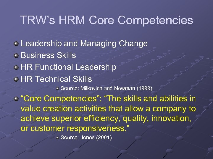 TRW’s HRM Core Competencies Leadership and Managing Change Business Skills HR Functional Leadership HR