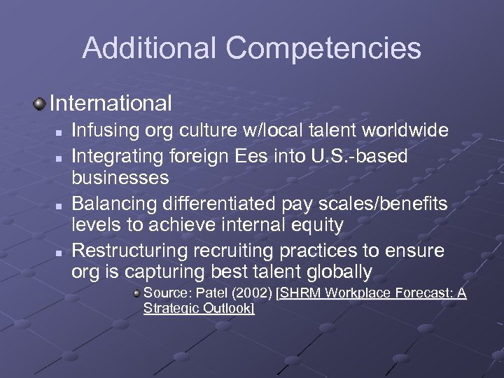 Additional Competencies International n n Infusing org culture w/local talent worldwide Integrating foreign Ees