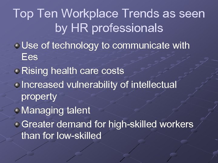 Top Ten Workplace Trends as seen by HR professionals Use of technology to communicate