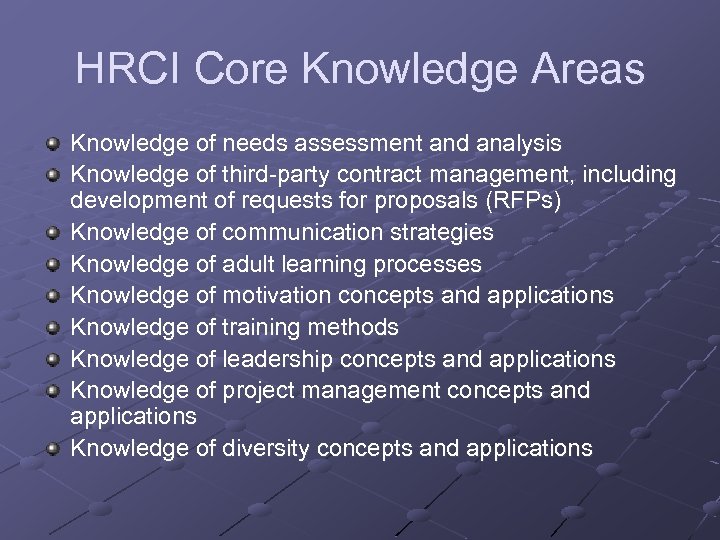 HRCI Core Knowledge Areas Knowledge of needs assessment and analysis Knowledge of third-party contract