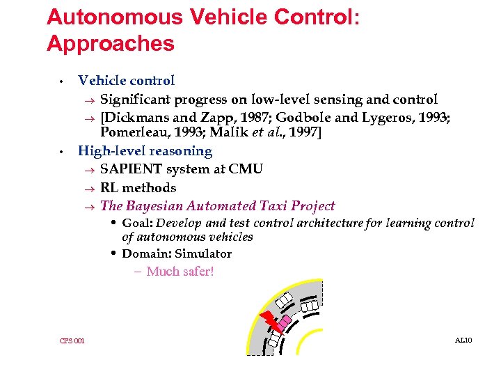 Autonomous Vehicle Control: Approaches • • Vehicle control ® Significant progress on low-level sensing