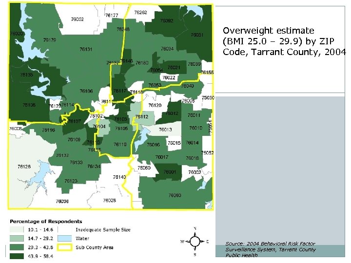 Overweight estimate (BMI 25. 0 – 29. 9) by ZIP Code, Tarrant County, 2004