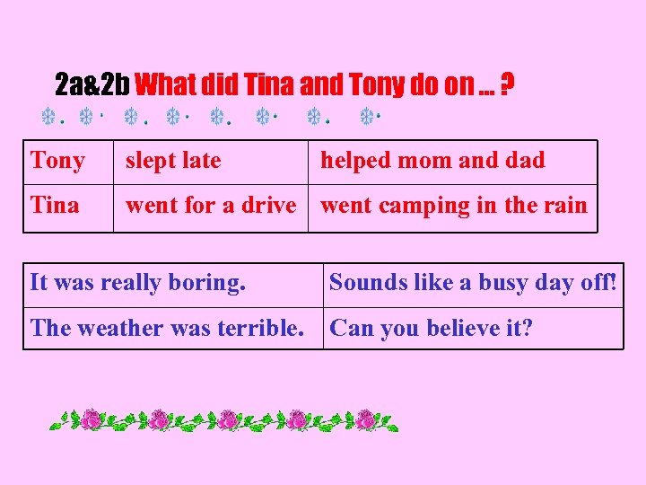 2 a&2 b What did Tina and Tony do on … ? Tony slept