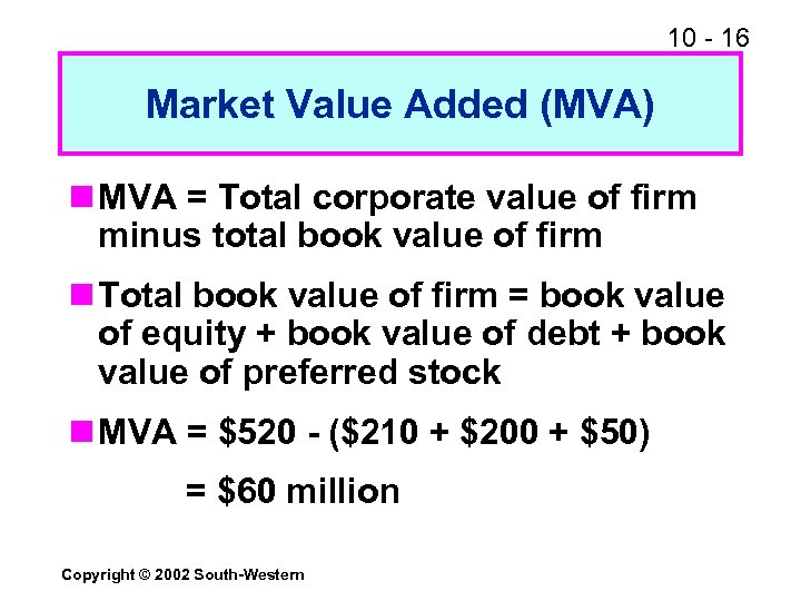 10 - 16 Market Value Added (MVA) n MVA = Total corporate value of