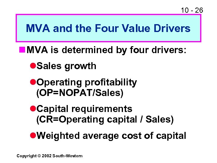 10 - 26 MVA and the Four Value Drivers n MVA is determined by