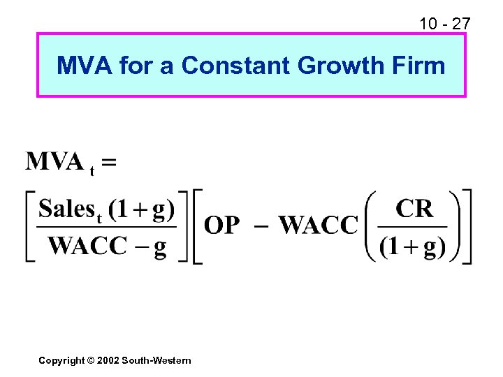 10 - 27 MVA for a Constant Growth Firm Copyright © 2002 South-Western 