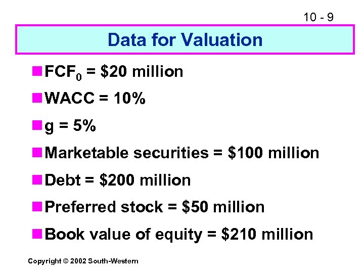 10 - 9 Data for Valuation n FCF 0 = $20 million n WACC