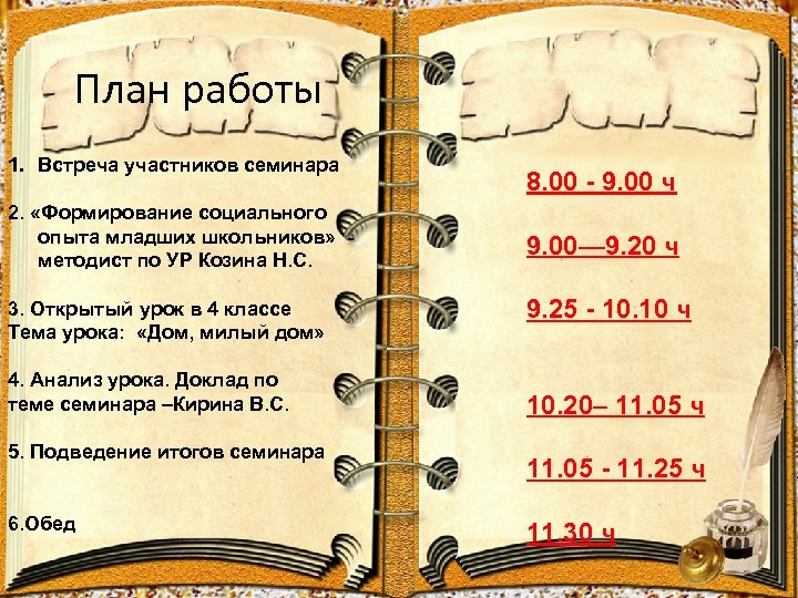 План работы 1. Встреча участников семинара 2. «Формирование социального опыта младших школьников» методист по