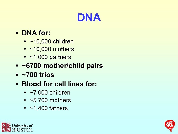 DNA § DNA for: • ~10, 000 children • ~10, 000 mothers • ~1,