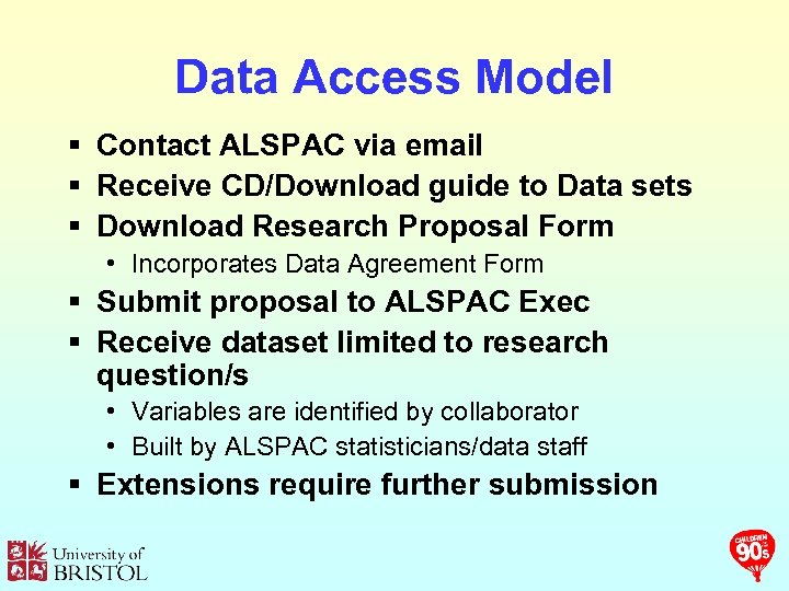 Data Access Model § Contact ALSPAC via email § Receive CD/Download guide to Data