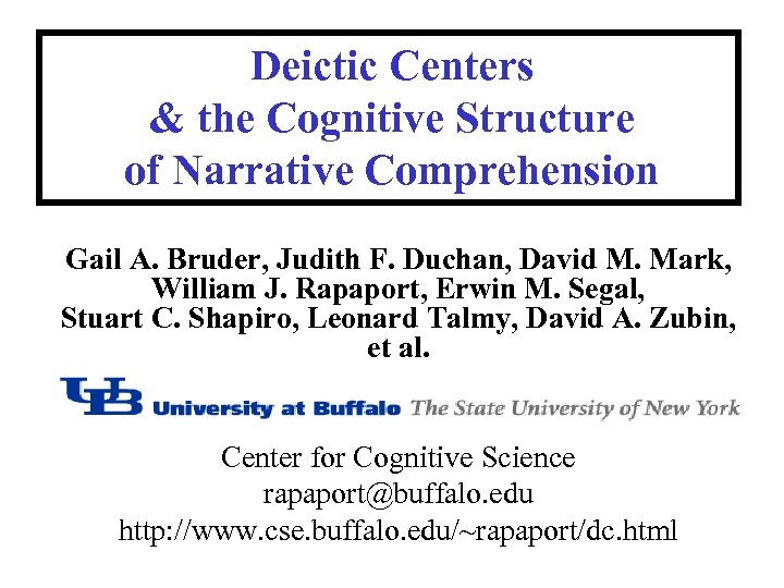 Deictic Centers & the Cognitive Structure of Narrative Comprehension Gail A. Bruder, Judith F.