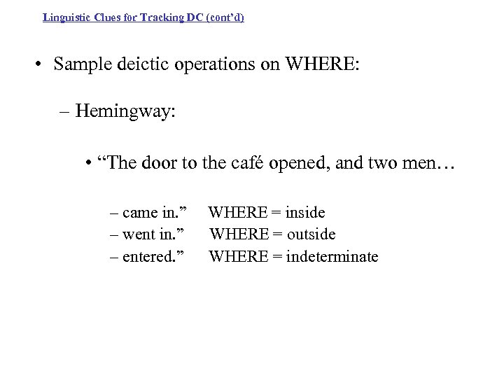 Linguistic Clues for Tracking DC (cont’d) • Sample deictic operations on WHERE: – Hemingway: