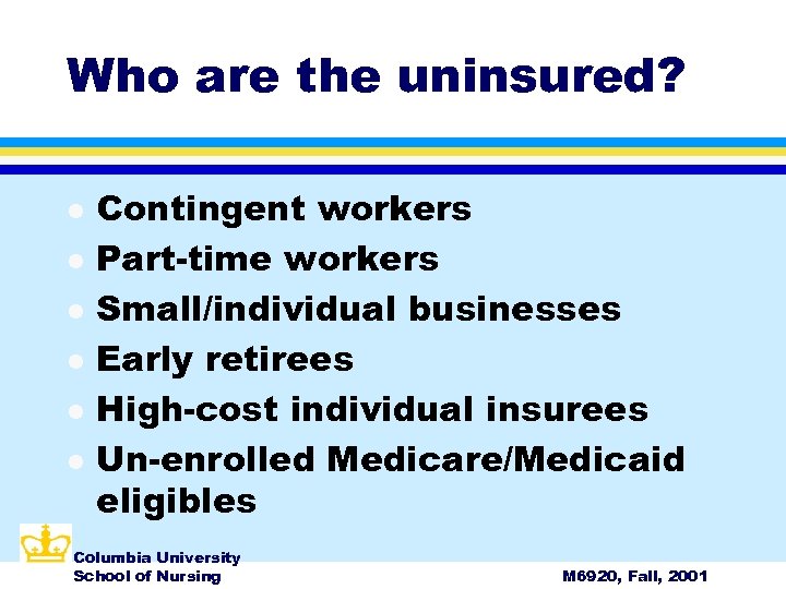 Who are the uninsured? l l l Contingent workers Part-time workers Small/individual businesses Early