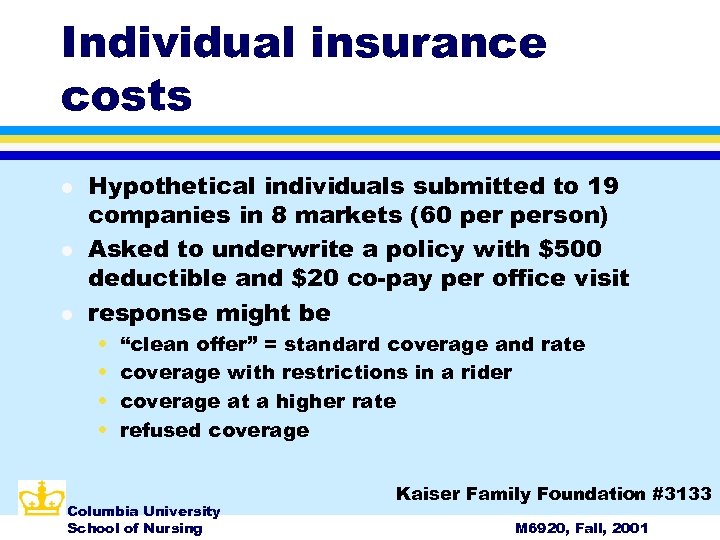 Individual insurance costs l l l Hypothetical individuals submitted to 19 companies in 8