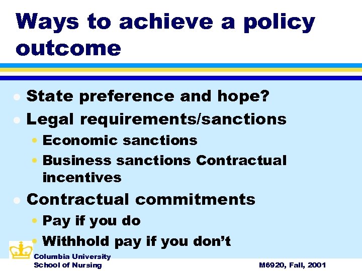 Ways to achieve a policy outcome l l State preference and hope? Legal requirements/sanctions