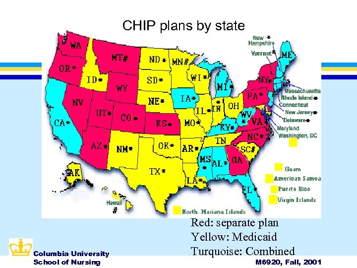 CHIP plans by state Columbia University School of Nursing Red: separate plan Yellow: Medicaid