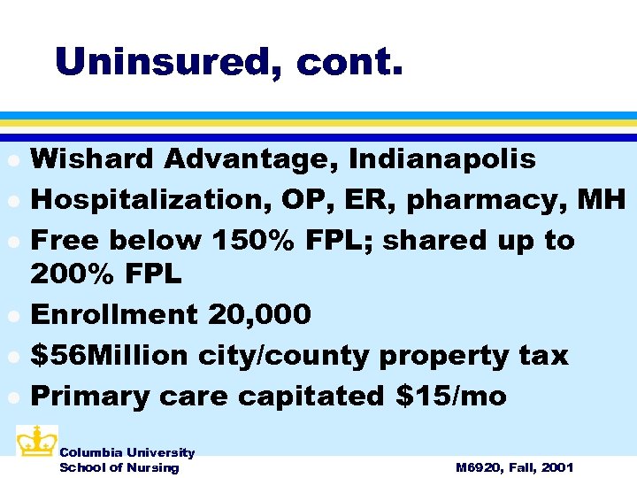 Uninsured, cont. l l l Wishard Advantage, Indianapolis Hospitalization, OP, ER, pharmacy, MH Free