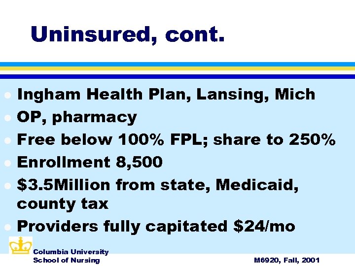 Uninsured, cont. l l l Ingham Health Plan, Lansing, Mich OP, pharmacy Free below