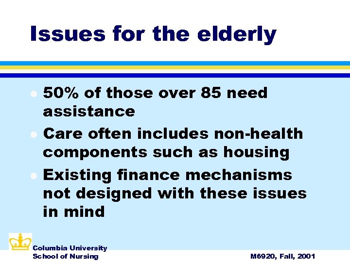 Issues for the elderly l l l 50% of those over 85 need assistance