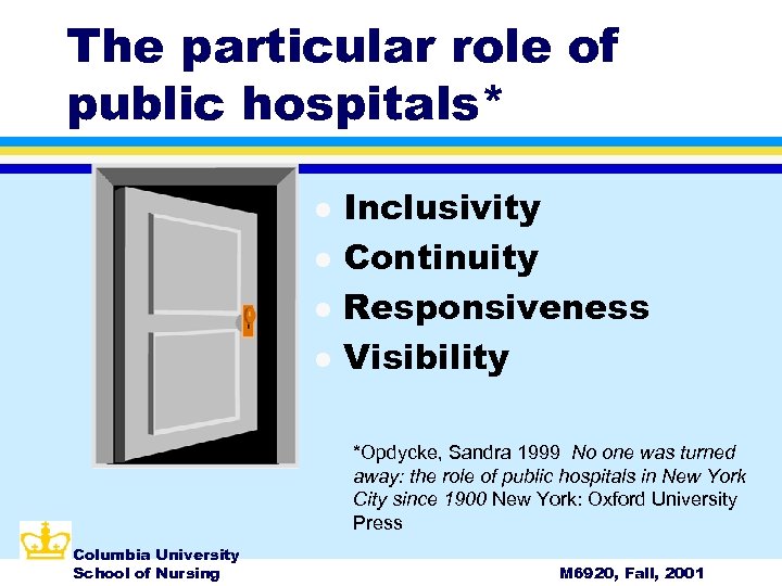 The particular role of public hospitals* l l Inclusivity Continuity Responsiveness Visibility *Opdycke, Sandra