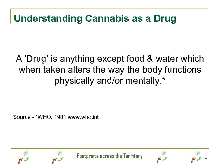 Understanding Cannabis as a Drug A ‘Drug’ is anything except food & water which