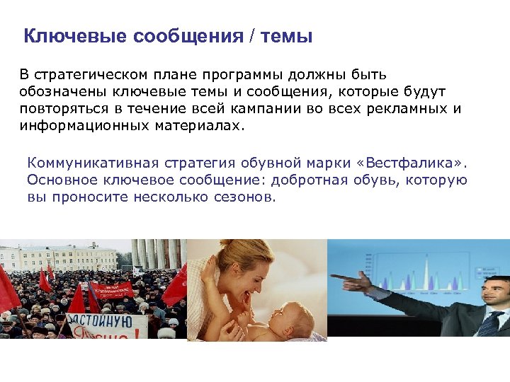 Ключевые сообщения / темы В стратегическом плане программы должны быть обозначены ключевые темы и