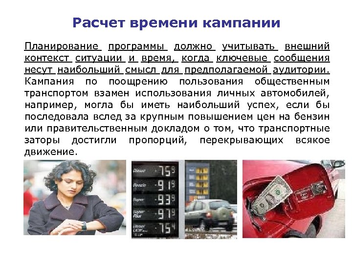 Расчет времени кампании Планирование программы должно учитывать внешний контекст ситуации и время, когда ключевые