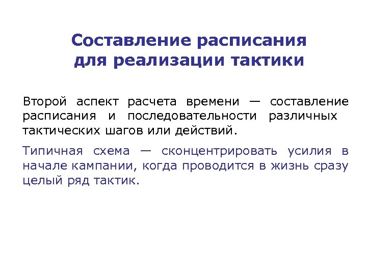Составление расписания для реализации тактики Второй аспект расчета времени — составление расписания и последовательности