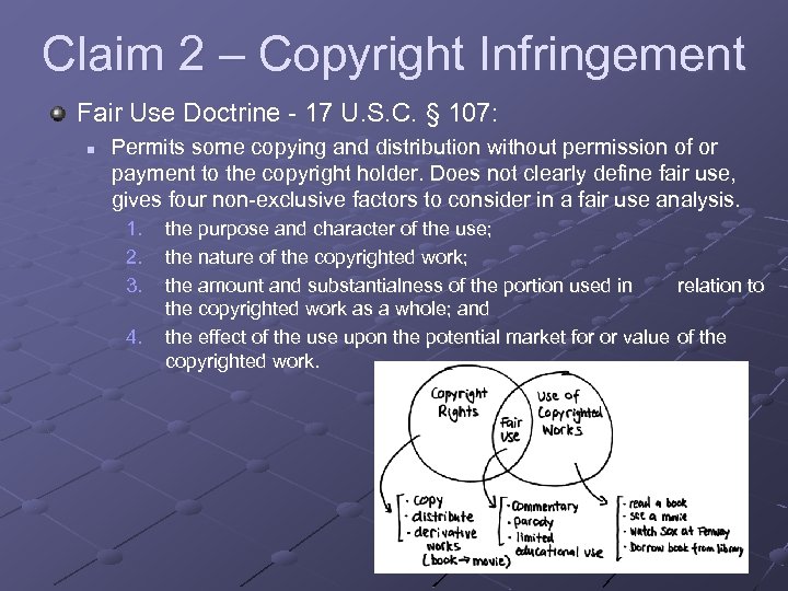 Claim 2 – Copyright Infringement Fair Use Doctrine - 17 U. S. C. §