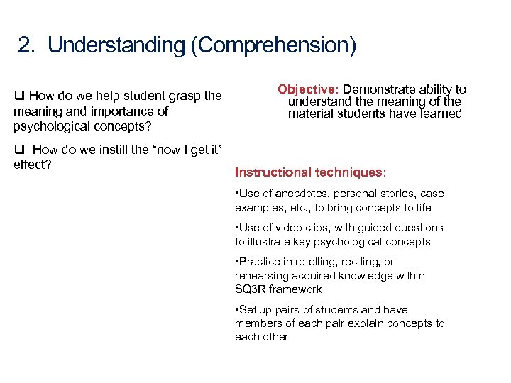 2. Understanding (Comprehension) Objective: Demonstrate ability to understand the meaning of the material students