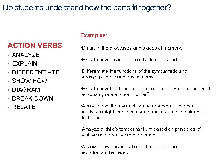 Do students understand how the parts fit together? 28 Examples: ACTION VERBS • ANALYZE