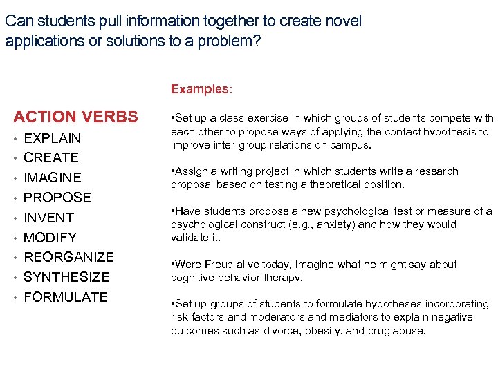 Can students pull information together to create novel applications or solutions to a problem?