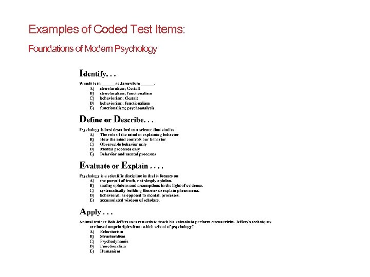 Examples of Coded Test Items: Foundations of Modern Psychology 