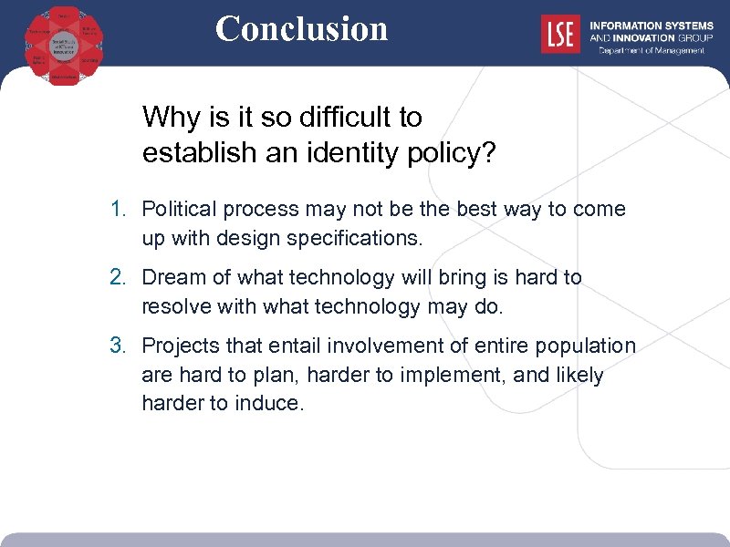 Conclusion Why is it so difficult to establish an identity policy? 1. Political process