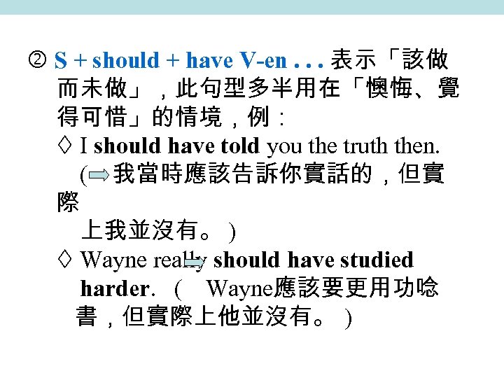  S + should + have V-en. . . 表示「該做 而未做」，此句型多半用在「懊悔、覺 得可惜」的情境，例： I should